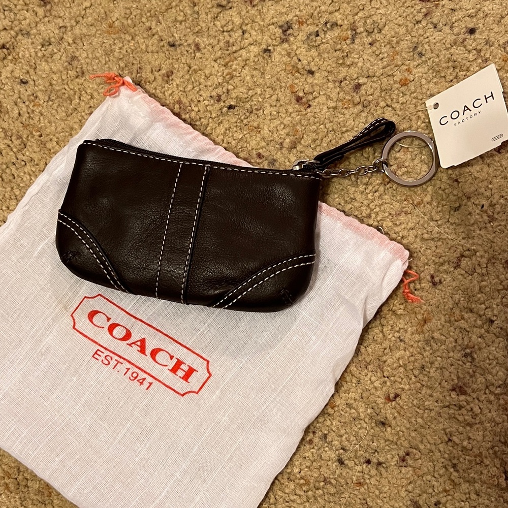 Dark Brown Coach Leather Keychain Zip Coin Pouch NWT